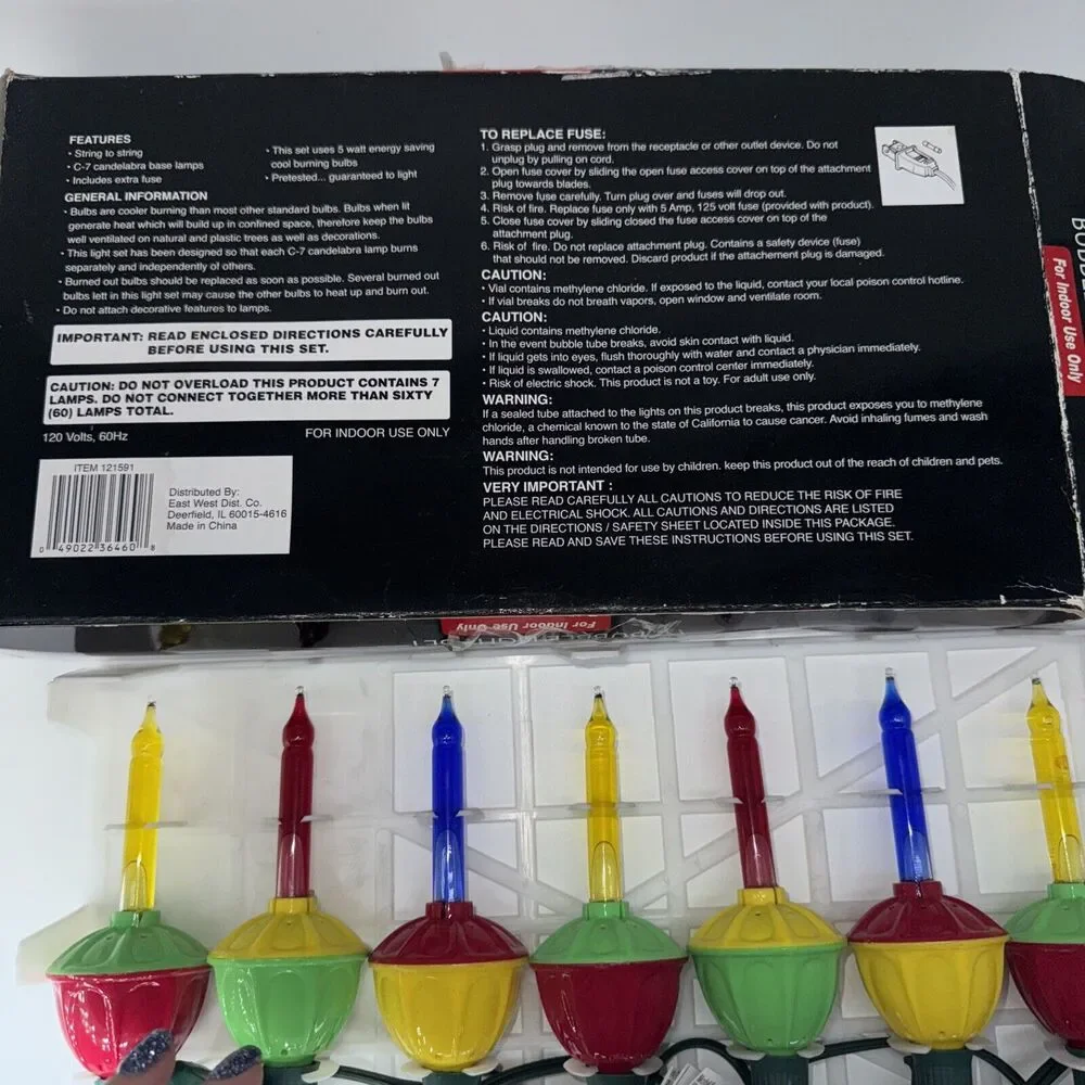 Retro 7 Bubble Christmas Tree String Lights MultiColor INDOOR Green Wire